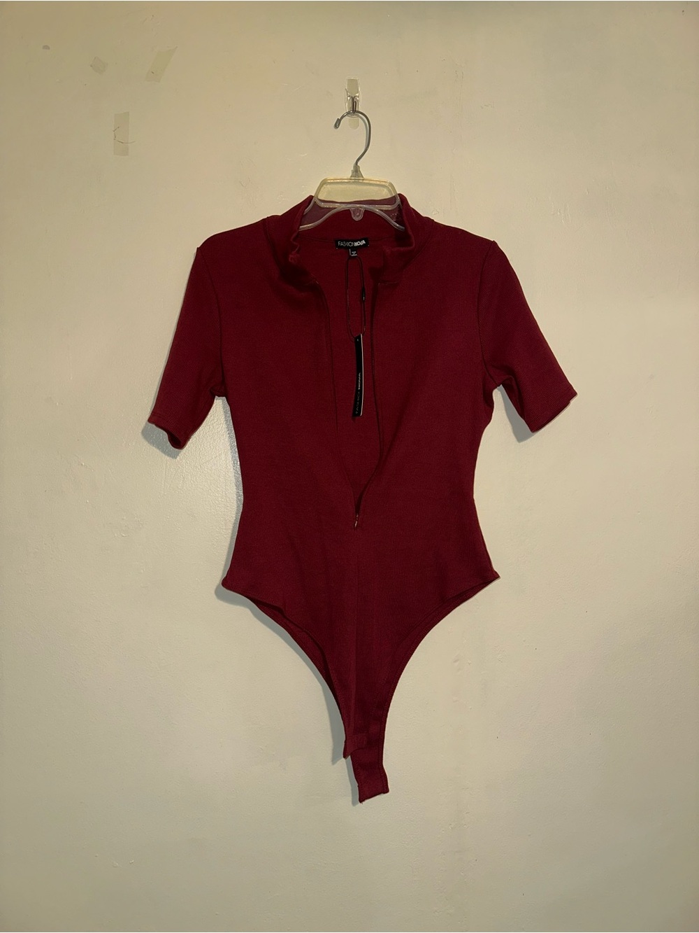 NWT Burgundy Short-Sleeve Zip Front One-Piece